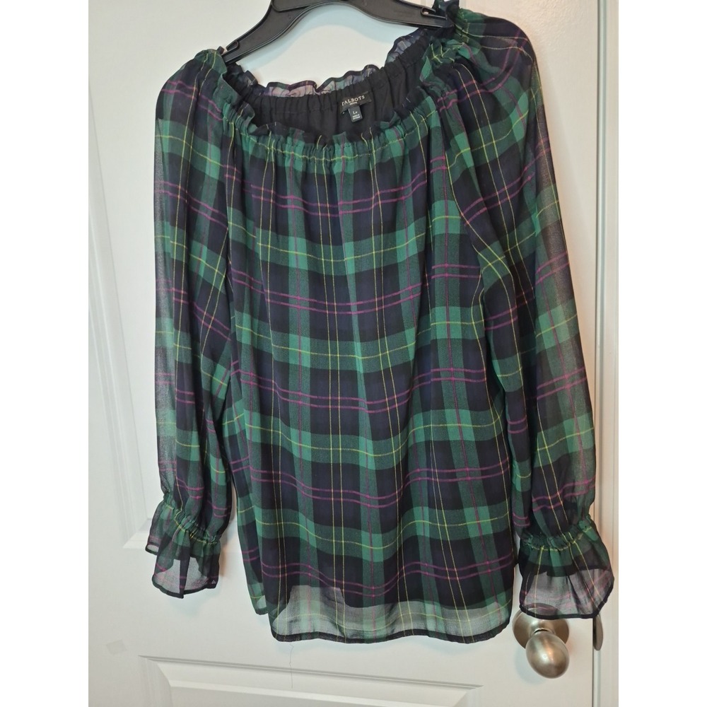 Talbots Tartan Popover Blouse Medium Green Chiffon Preppy Peasant Top Size L